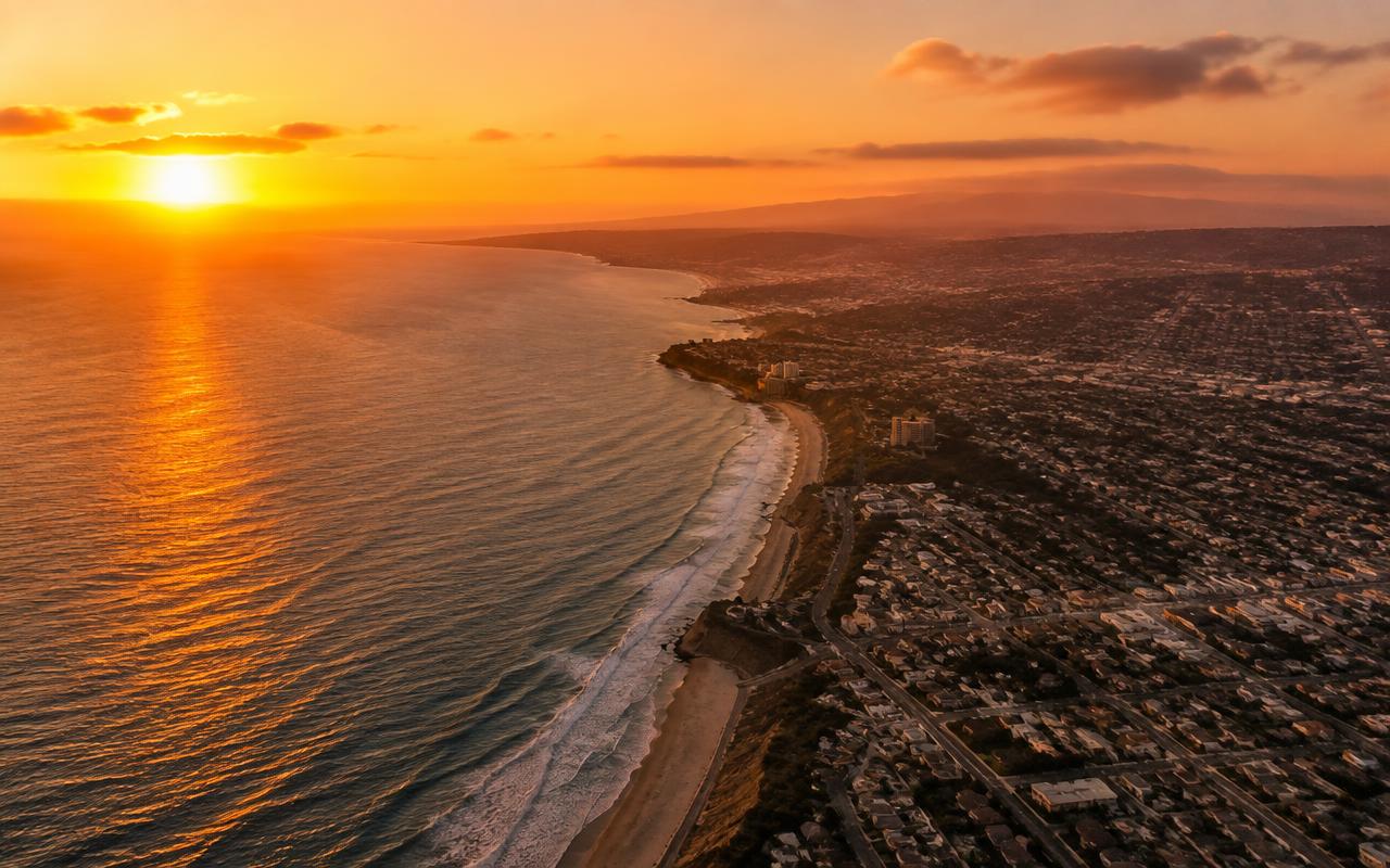 Aerial view of the California coastline at sunset