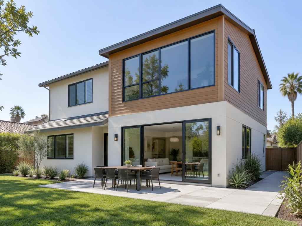 Two-story addition with large windows on a suburban home