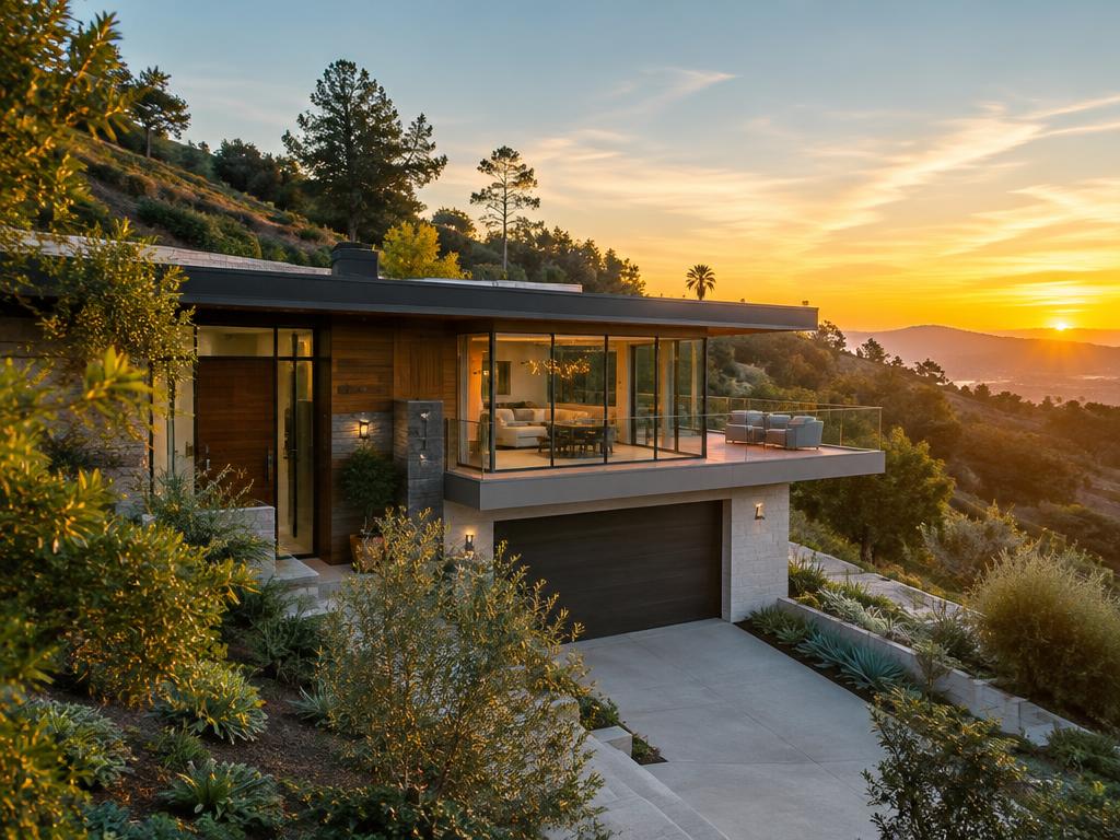 Modern hillside home exterior at golden hour