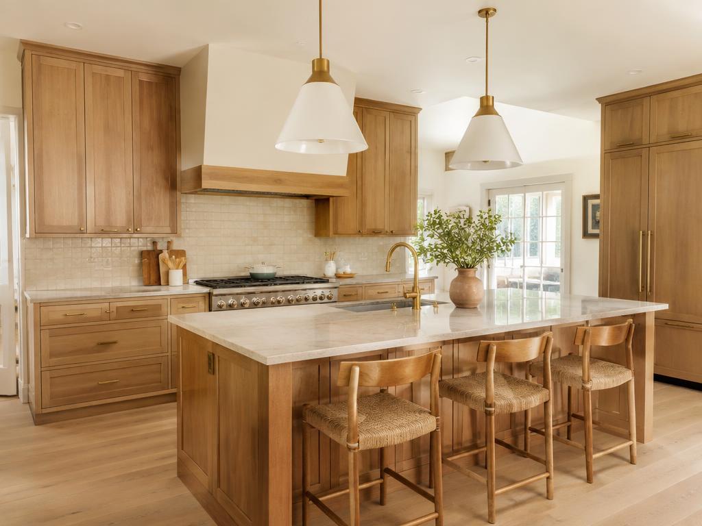 Bright custom kitchen with oak cabinetry and stone island